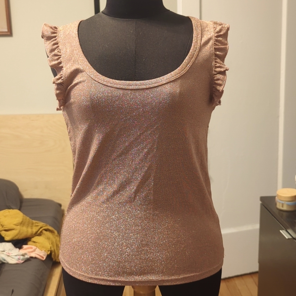 Anthropologie Rose Gold Shimmer Ruffle Sleeve Tank